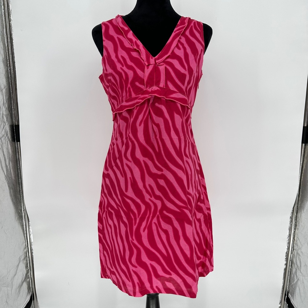 NEW Y2K Richard Malcolm Pinkโ 100% Linen Zebra Print Sheath Dress V-Neck 10 Md P